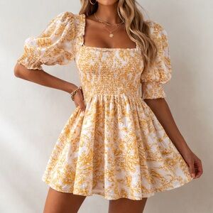 1. State Yellow Smocked Puff Sleeve Floral‎ Square Neck Mini Sun Dress X-Large